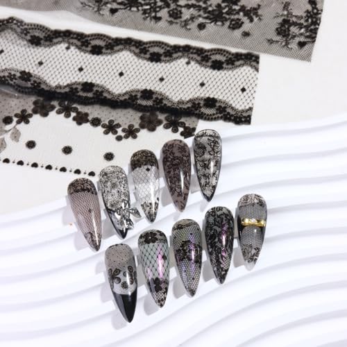 10 Rolls Black Lace Nail Foils Mixed Styles Lace Flowers Transfer Stickers - color: Black Lace Ls04