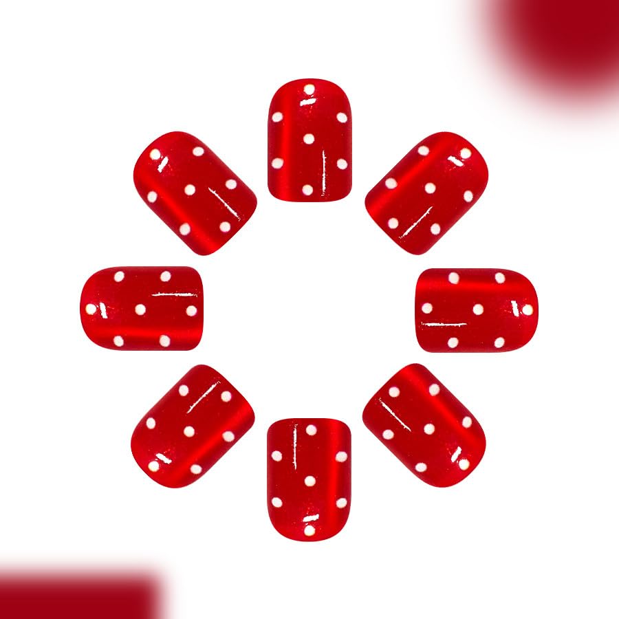 24Pcs Fall Press on Nails Short Square Polka Dot Fake Nails with Shiny Glitter Design Cute Polka Dots False Nails Red Acrylic Glue On Nails Autumn Glossy Full Cover Stick on Nails for Women - color: Fall03