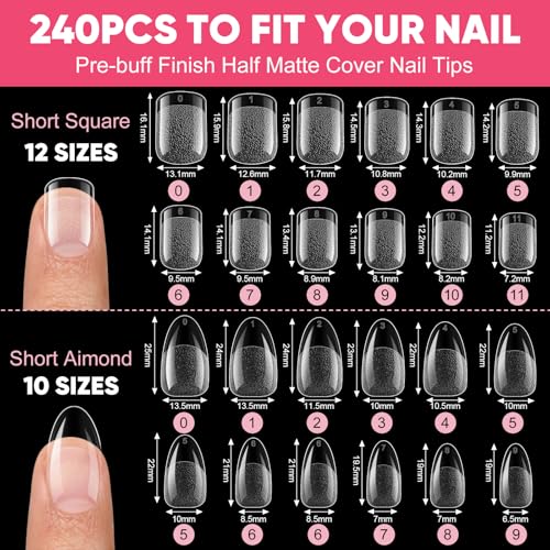 Full Cover Acrylic Nail Tips with Glue,240Pcs Almond & Square Nail Tips Kit
