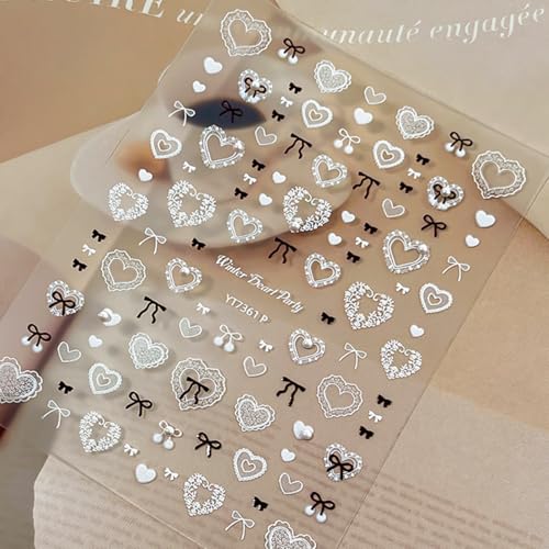 Valentines Nail Art Stickers Black Bow White Heart Nail Decals Charms 3D Self-Adhesive Valentines Day DIY Date Nail Supplies Manicure for Nail Decorations - color: Bow Heart