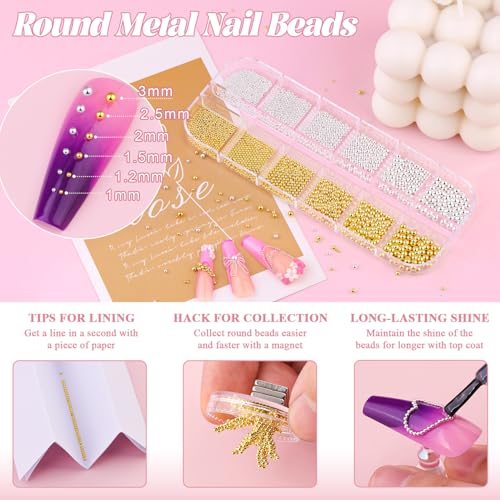 1-3MM Small Nail Beads and Flatback Pearls for Nails Silver Gold Charms - color: 11 Small Nail Beads and Pearls (Gold and Silver)