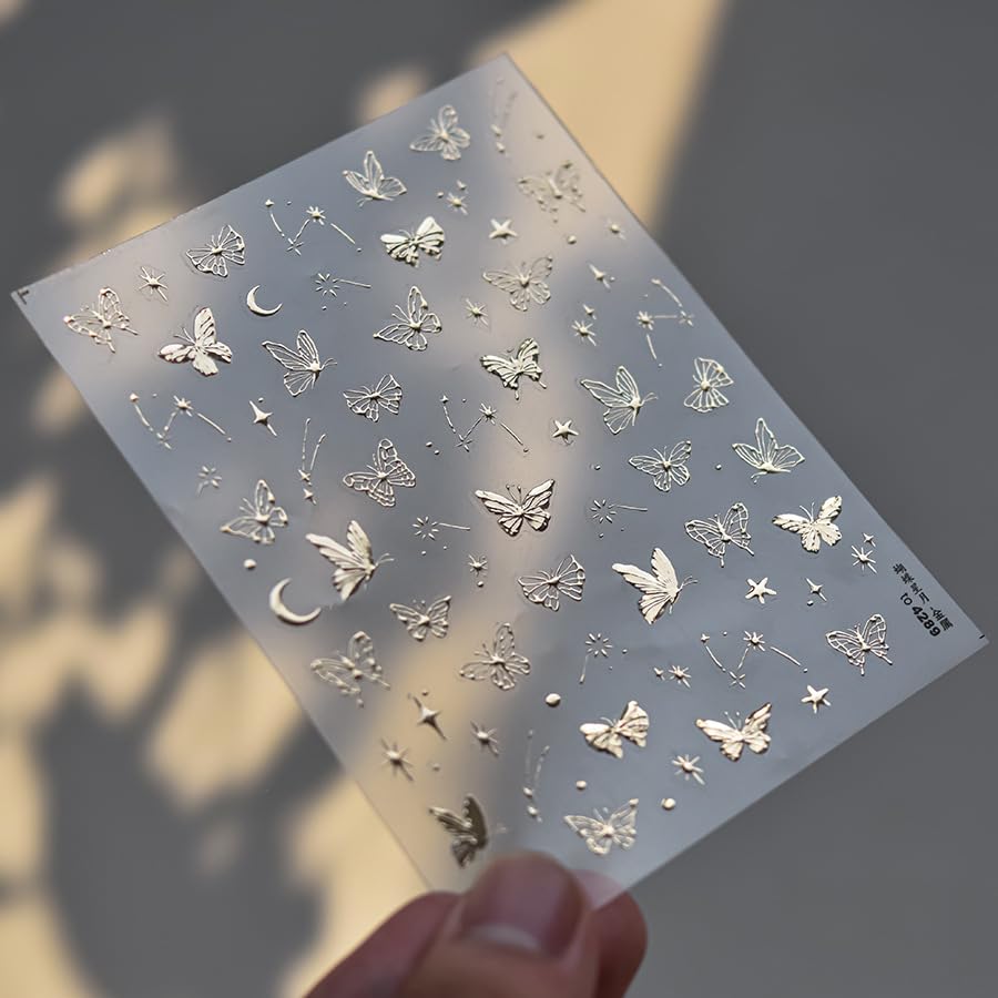 1 Sheet Golden Butterfly 5D Embossed Nail Art Stickers Self-Adhesive Star Moon Nails Decals Spring Summer Butterflies Nail Designs Hot Stamping Butterflies Nail Stickers for DIY Nail Supplies Decor - style: metal butterfly