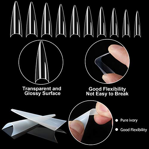 FEBSNOW 1000PCS Long Stiletto Nail Tips, Acrylic Flake Nails with Box
