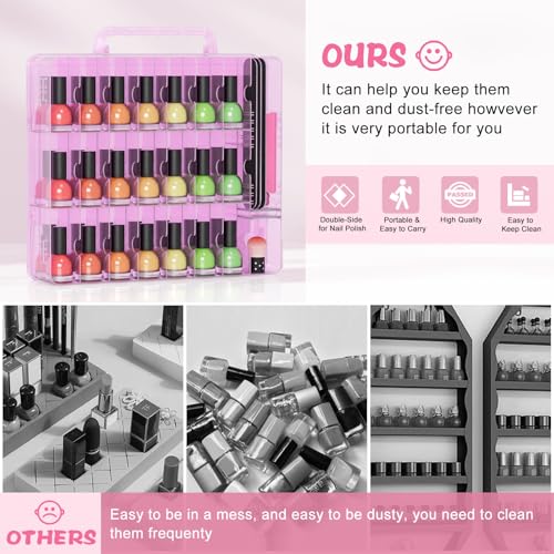 SUBAY Nail Polish Organizer Case for 48 Bottles, Double Side Nail Polish Holder for Storage Display, Portable Nail Polish Storage with 2 Toe Separators, 6 Adjustable Dividers for Space Saver, Pink - size: 1 Piece Pink