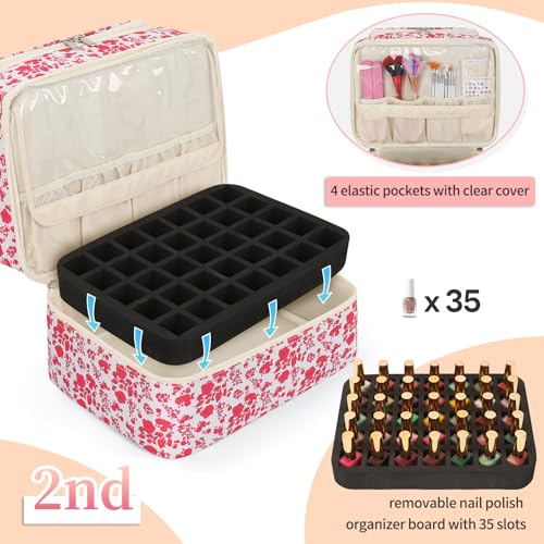 CUBETASTIC Nail Polish Organizer, Nail Supplies Storage Case Holds 45 Bottles Nail Polish & Nail Lamp, Travel Nail Tech Carrying Bag, Nail Kit Bag For Nail Stuff & Manicure Tools - color: Hot Pink Floral, size: 45 Slots