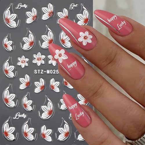Flower Nail Stickers 5D Emboss Self-Adhesive Stickers White Floral Nail Art Decals with Daisy Lily Design Spring Summer Decals for Women 3 Pcs - color: Daisy and Lily