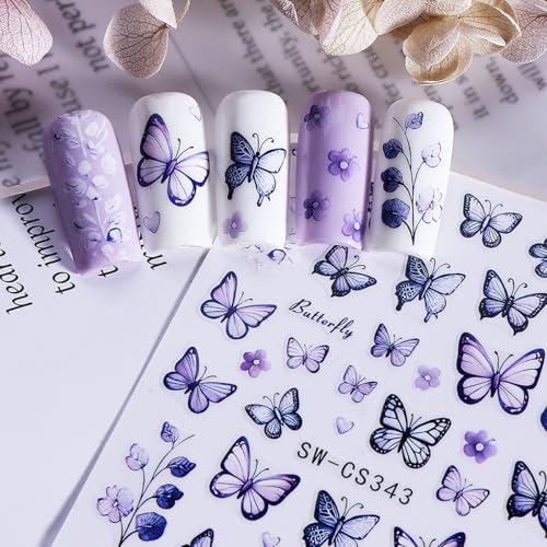 Butterfly Nail Art Stickers, Butterfly Nail Decals 3D Self Adhesive with Blue Purple Pink Yellow Butterflies Flower Design 6Pcs Spring Nail Art Supplies for Women Girls Spring Summer Nail Decoration - style: style2