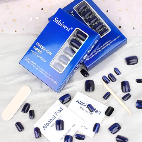 Dark Blue Press On Nails Square, Short Cat Eye Fake Nails - color: M01-Midnight Mirage