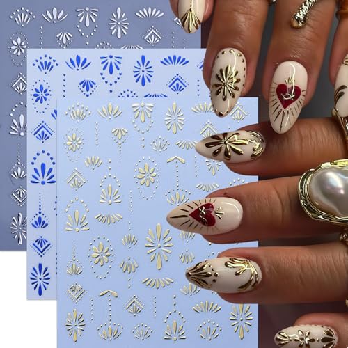 6 Sheets Bohemian Nail Stickers for Nail Art 3D Self-Adhesive Flower Nail Art Stickers Gold Silver Floral Nail Decals Bohemian Style Retro Blue Manicure Art Decoration Charms for Women Nails Supplies - style: flower