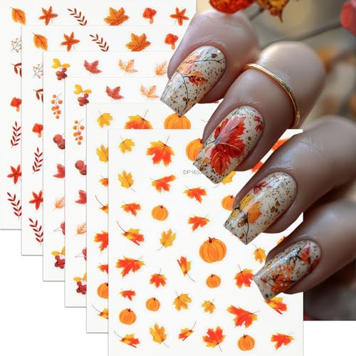 6 Sheets Autumn Nail Art Stickers Fall Maple Leaves Nail Stickers 3D Self-Adhesive Thanksgiving Pumpkin Pattern Nails Sticker Fall Glitter Leaf Nail Decals Holiday DIY Nails Manicure for Women - style: Pumpkin