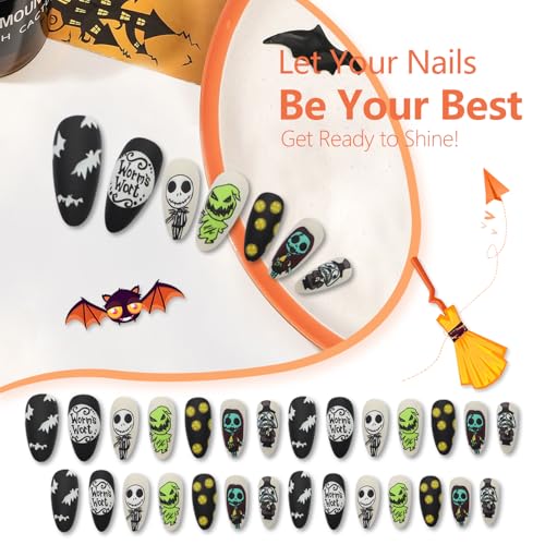 Halloween Press on Nails Almond Medium Length Fake Nails Matte False Nails with Skull Pumpkin Bats Designs Scary Nightmare Before Christmas Nails Full Cover Acrylic Glue on Nails for Women Manicure - color: Style 19