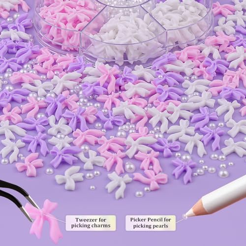 Cute Bow Charms and Flatback Pearls Set - 10, 120 Pcs Pink, White, Lilac Bow Charms + 2-4mm White Nail Pearls with Pickup Tweezer and Pencil for Nail Art Decoration - color: Style C - Pink White Lilac