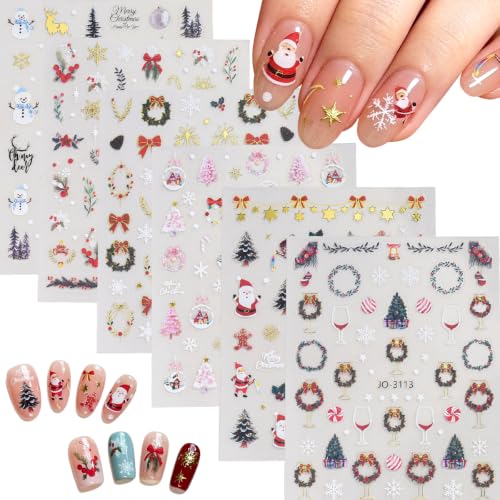 6Sheets Christmas Nail Art Stickers Xmas Tree Snowman Santa Claus Design - color: Red Green Pink