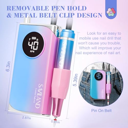 SAVILAND Nail Drill: 40000RPM Professional Nail Drill Kit for Thick Nails, Rechargeable Nail File with with Ceramic Nail Drill Bits 56 Sanding Bands for Acrylic Nails Gel Polishing Removing Tech Salon - color: Gradation Blue
