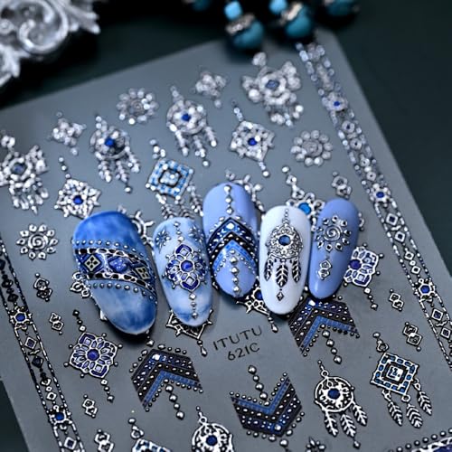 Boho Nail Stickers Silver Blue Ethnic Tribal Feather Designs - color: Color 23