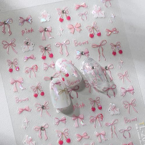 1 Sheet Bow Nail Art Stickers 5D Self-Adhesive Glitter Pink Bows Nail Art Designs Decals Cute Bow Nails Sticker Bow Charms with Rhinestone Design Acrylic DIY Decoration Supplies Charms for Women - style: diamond bow