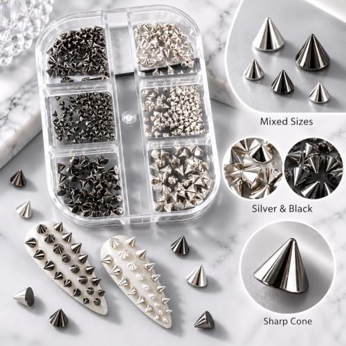 2Boxes 18Grids Mixed Pointed Cone Nail Charms Nail Art Rhinestones Set - color: Grey