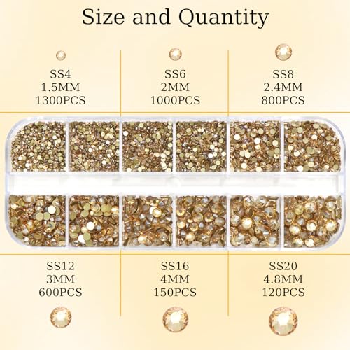 4000Pcs Champagne Gold Flatback Rhinestones for Crafts,6 Sizes Gold Crystal Rhinestone for Nail Gems Jewels Glitter Glass Diamond for Nails Design DIY Face Makeup Tumblers Clothes Stones Decoration - color: Champagne