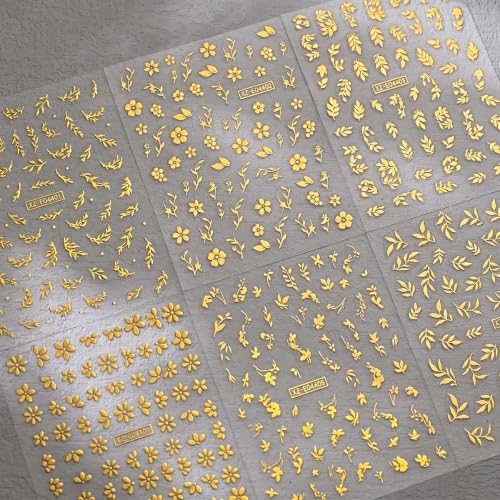 12 Sheets Gold & Silver Nail Stickers, Flower & Leaves 3D Nail Decals - color: Style-28