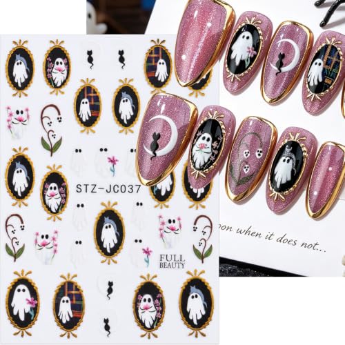 Halloween Ghost Nail Stickers, Pumpkin Bat Gold Frame Nail Decals, 6 Sheets - color: Multicolor-06