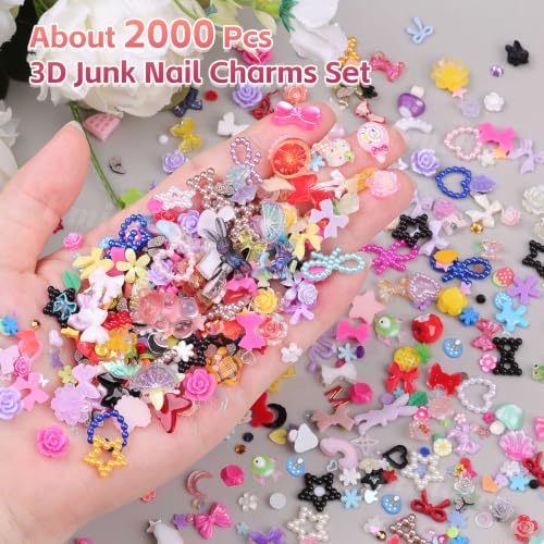 2000Pcs Junk 3D Nail Charms Bulk Y2k Cute Nail Gems for Nails Design Kit - color: Multicolor
