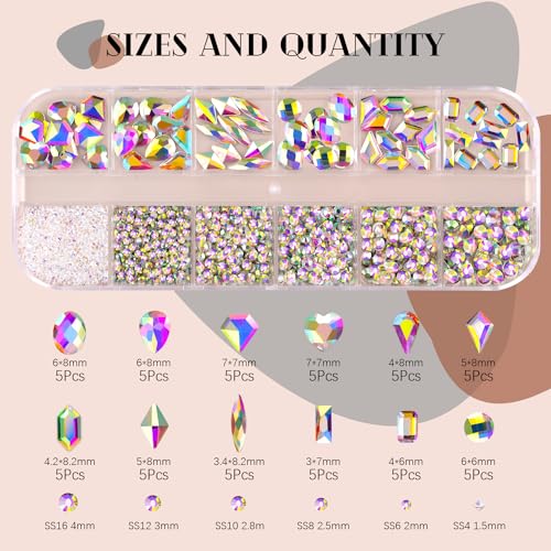 2060Pcs AB Glass Nail Rhinestones 60Pcs Multi Shapes Flatback Nail Gems + 2000Pcs 1.5-4mm Round Crystal, Manicure Nail Charms Diamond Gemstones for Acrylic Nails Decoration - color: 12 AB Crystal, size: 1 pack