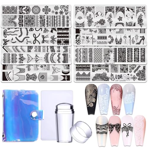 Lace Nail Stamping Plate Set - French Tip Stamp Silicone Nail Stamper Kit Bow Lace Design with Nail Stamp Plates Laser Storage Bag Nail Art Stencil Nail Supplies for Home DIY &Professional Salon - style: Lace Style