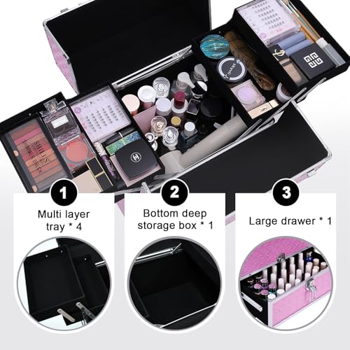 TOPACK 3-In-1 360°Rotaing Rolling Makeup Train Case with Trolley/Drawer - color: all pink, size: medium