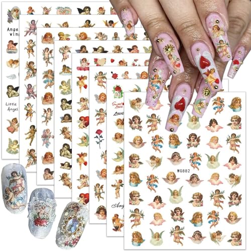 Cupid Angel Nail Stickers for Nail Art 8Sheets 3D Self Adhesive Cupid Nail Decals Valentines Day Angel Rose Flower Design Nail Art Sticker Love Heart Charms Nail Supplies Decoration for Women Manicure - style: angel-1