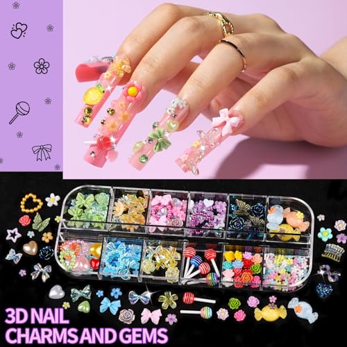 FANDAMEI Nail Charms and Gems, 8 Boxes Nail Art Kit for Design, Multi-Shape Rhinestones for Nails Flat Back Pearls Jewels, 3D Fruit Flower Candy Nail Charms, Gold Nail Studs Jewels - color: Yellow candy/red cherry/purple heart/gold silver pearls