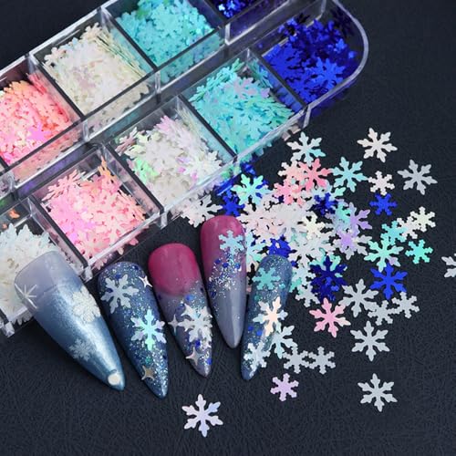 1 Box 12 Color Holographic Snowflake Nail Glitter Laser Ombre White Nail Sequins 3D Blue Nail Flakes Sparkly Glitter Flakes Shiny Nail Art Glitter Winter Christmas Nail Sequins Glitter for Nails Art - color: YHN17