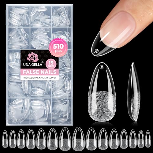 UNA GELLA 510Pcs Almond Gel Nail Tips 15 Sizes Pre-Etched Full Cover