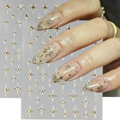 6 Sheets Star Nail Stickers for Nail Art, Shiny Crystal Diamond Stars Heart Silver Gold Self-Adhesive Nail Art Stickers Decals Design Everyday Salon Nail Art DIY Decoration Supplies for Women - style: Stars