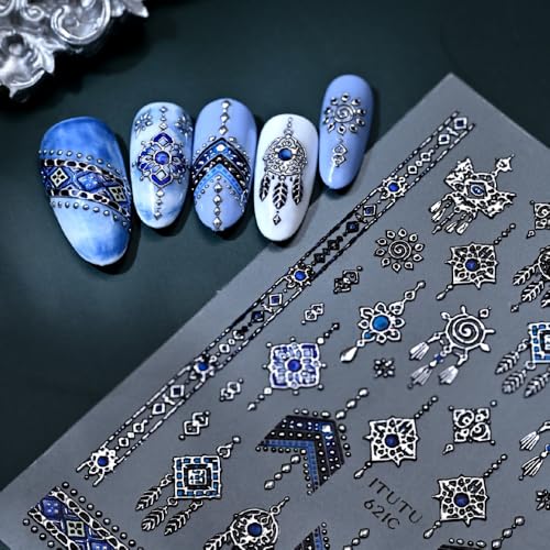 Boho Nail Stickers Silver Blue Ethnic Tribal Feather Designs - color: Color 23
