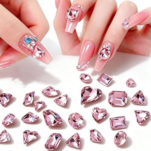 48 Pcs Big Mix Sizes Different Shape Nail Rhinestones 12 Styles 3D Glass Crystals Diamonds Love Distorts Heart Super Shiny Charms Gems Stones DIY Nail Art Decoration Craft Jewelry (Pink) - color: Pink