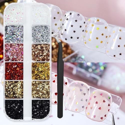 1 Box 12 Color Holographic Hearts Star Nail Glitter Tiny Heart Nail Sequins 3D Red Gold Nail Flakes Sparkly Powder Flakes Shiny Nail Glitter Valentine's Day Nail Sequins Glitter for Nails Art 12 Grids - color: Color 21
