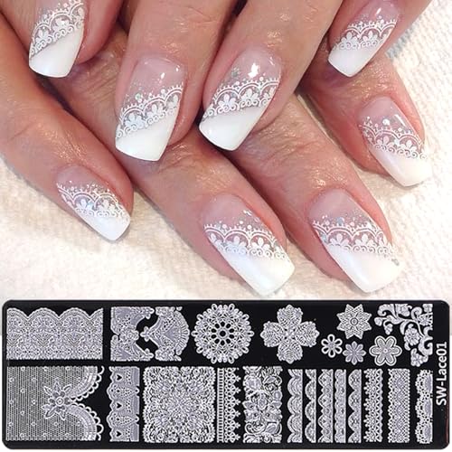 Lace Nail Stamping Plate Set - French Tip Stamp Silicone Nail Stamper Kit Bow Lace Design with Nail Stamp Plates Laser Storage Bag Nail Art Stencil Nail Supplies for Home DIY &Professional Salon - style: Lace Style