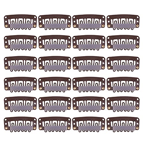 24 pcs/lot 6-Teeth U-Shape Snap Clips Metal Wig Clips with Rubber for Hairpiece Hair Extensions (32mm Dark Brown) - color: Dark Brown, style: 32mm 24pcs U-shape