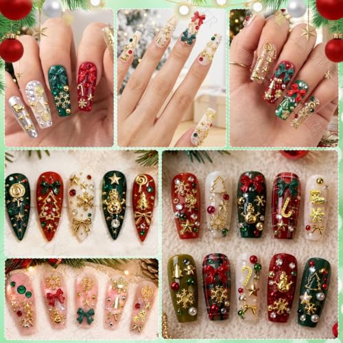 2 Boxes Christmas Nail Charms, Metal Nail Studs & Rhinestones Pearls