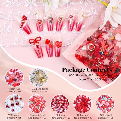 650PCS Cute 3D Resin Nail Charms and Gems Red Flower Bow Butterfly Charms - color: Red