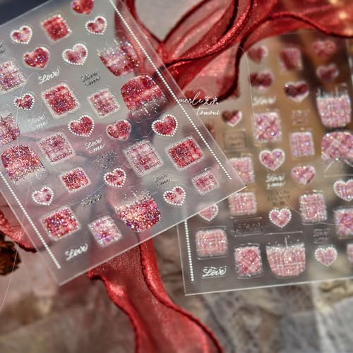 1 Sheet Valentines Day Nail Stickers for Nail Art 5D Embossed Red Heart Nail Decals Glitter Heart Nail Art Stickers Plaid Heart Nail Design French Nail Supplies for Women DIY Manicure Decoration - style: red glitter heart
