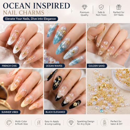 100PCS 3D Summer Ocean Resin Nails Charms Beach Seashell Starfish Gold Nail Charms Beads Star Sea Shell Nail Art Jewelry Summer Beach Nail Accessories for Women DIY Accessories (Starfish) - color: Starfish