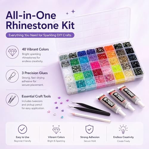 40000 PCS Rhinestone Bedazzling Kit with 3 B7000 Glues, 40 Colors 3mm Flatback Resin Gems for Crafts, Shoes, Clothes, Tumblers, Nail Art DIY