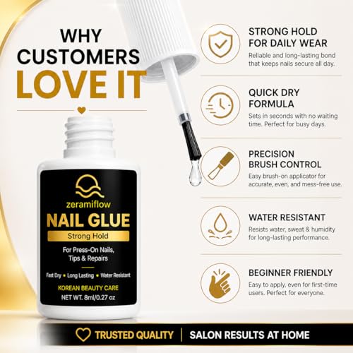 Brush-On Nail Glue for Press On Nails – Strong Hold Quick Dry Nail Glue with Precision Brush, 8ml for Nail Tips & Repairs, Zerami Flow