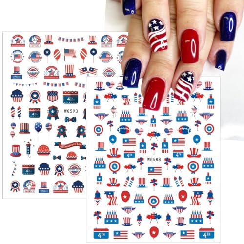 10Pcs 4th of July Nail Stickers Patriotic Nail Decals Independence Day Nail Art Stickers American Flag Stars Eagle Fireworks Heart Nail Design Supplies Memorial Day DIY Nail Decoration for Women Girls - style: independence day-1