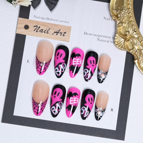 24Pcs Halloween Press on Nails Medium Almond French Tip Fake Nails with Spider Web and Rhinestone Designs Hot Pink Glossy False Nails Bat Ghost Glue on Nails for Women Halloween Acrylic Nails DIY - color: special Halloween-1
