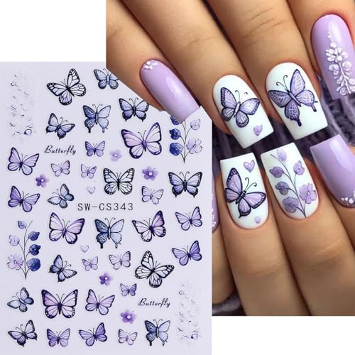 Butterfly Nail Art Stickers, Butterfly Nail Decals 3D Self Adhesive with Blue Purple Pink Yellow Butterflies Flower Design 6Pcs Spring Nail Art Supplies for Women Girls Spring Summer Nail Decoration - style: style2