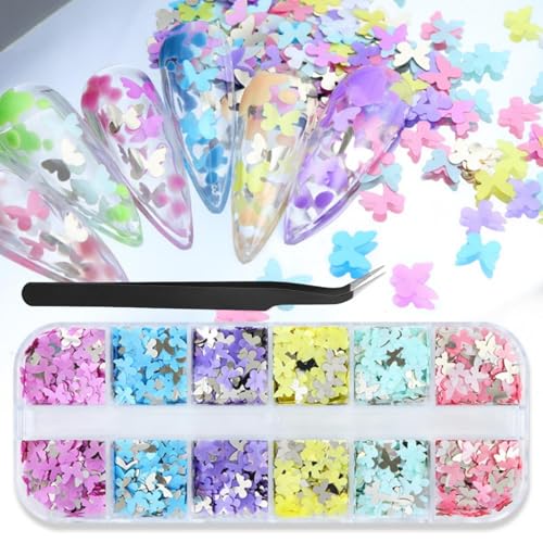 1 Box 6 Color Holographic Butterfly Nail Glitter Laser Pink Nail Sequins 3D Blue Yellow Nail Flakes Sparkly Powder Flakes Shiny Nail Glitter Colorful Nail Sequins Glitter for Nails Art 12 Grids - color: Color 47