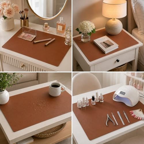 Leather Nightstand Mat for Bedside Table, Waterproof Vanity Desk and Nail Table Mat, Non-Slip Dresser Top Cover for Makeup, Perfume and Daily Essentials (Brown, 17.7"*15.7") - color: Brown, size: 17.7" x 15.7"