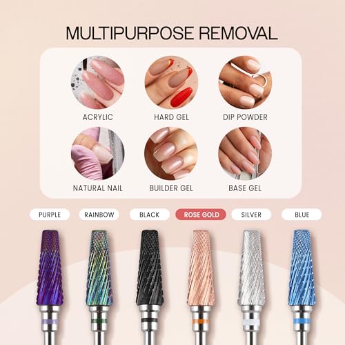 PANA 5-in-1 Pro Upgraded Multi-Function Drill Bit 3/32" Shank Size - (Rose Gold, 2X Coarse to 2X Fine) - Mix Size Tungsten Drill Bit Fast Remove Acrylic Hard Gel Nail for Manicure Pedicure - color: Rose Gold, size: Pro Upgraded